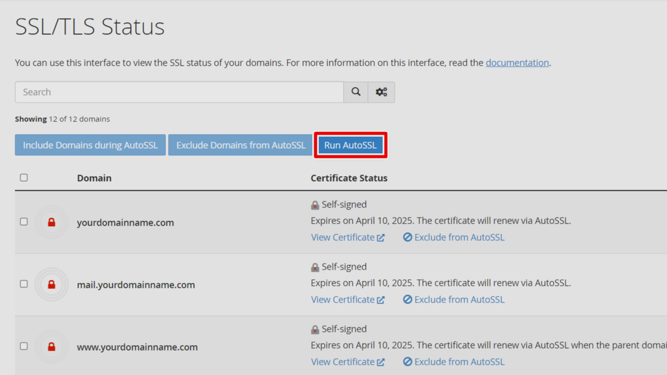 Run AutoSSL button to manually activate SSL