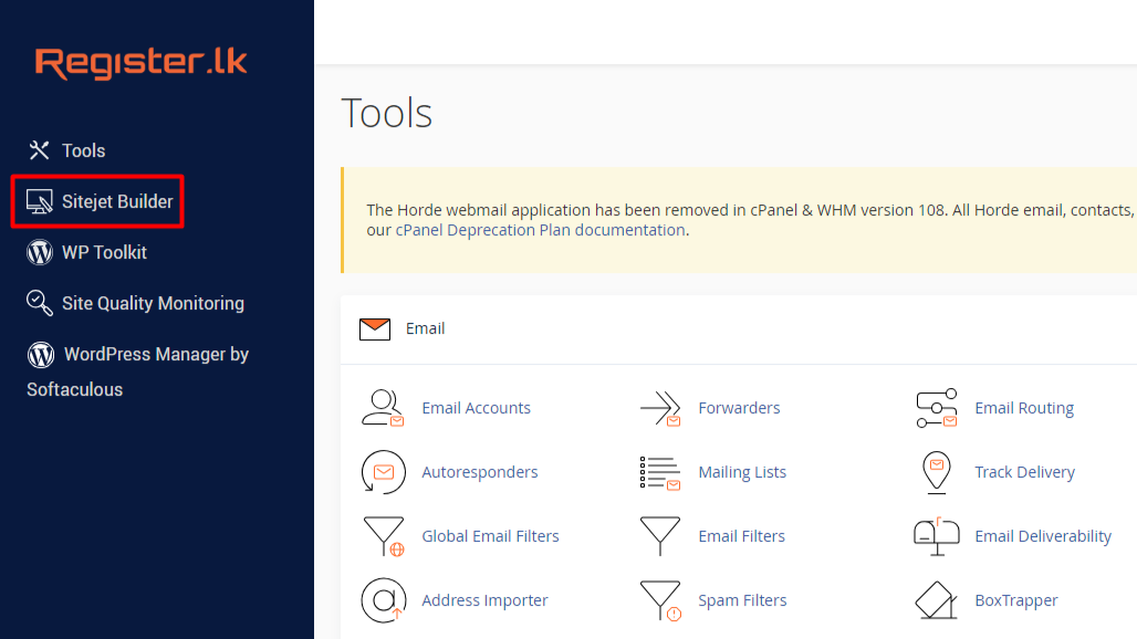 Navigating to Sitejet Builder in cPanel Navigating to Sitejet Builder in cPanel