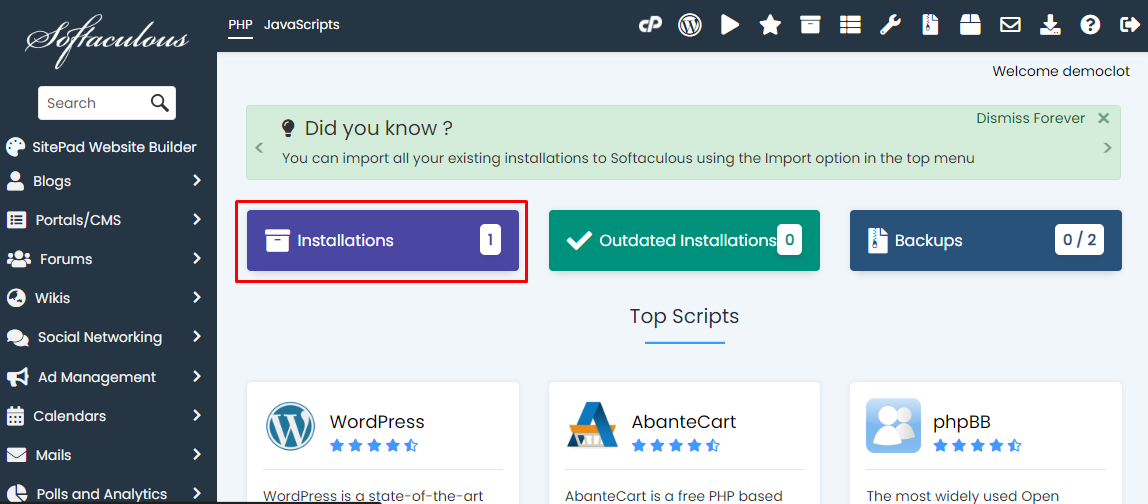 Navigate to Your Installed Applications in Softaculous Softaculous Installations Page