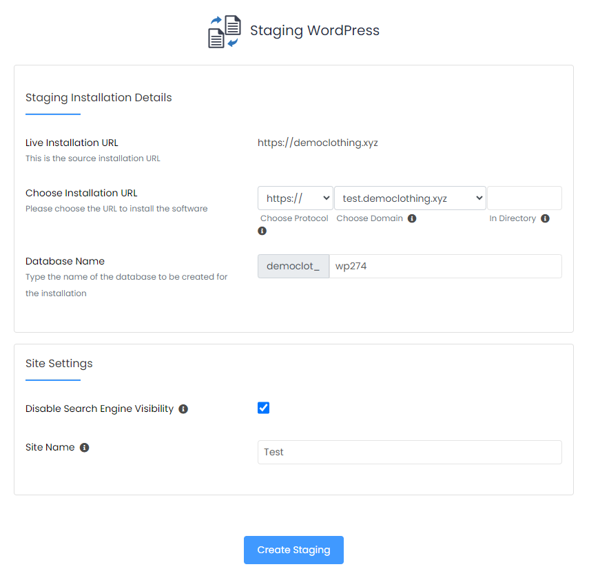 Setting Up the Staging Site Details Configure Staging Site in Softaculous