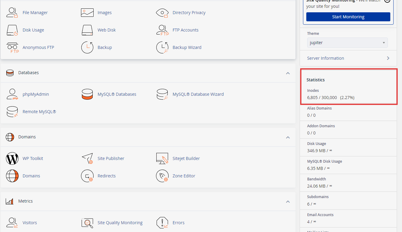 cPanel Inode Usage Statistics Panel cPanel inode usage statistics panel showing the number of inodes used and available, helping users manage their file system efficiently.