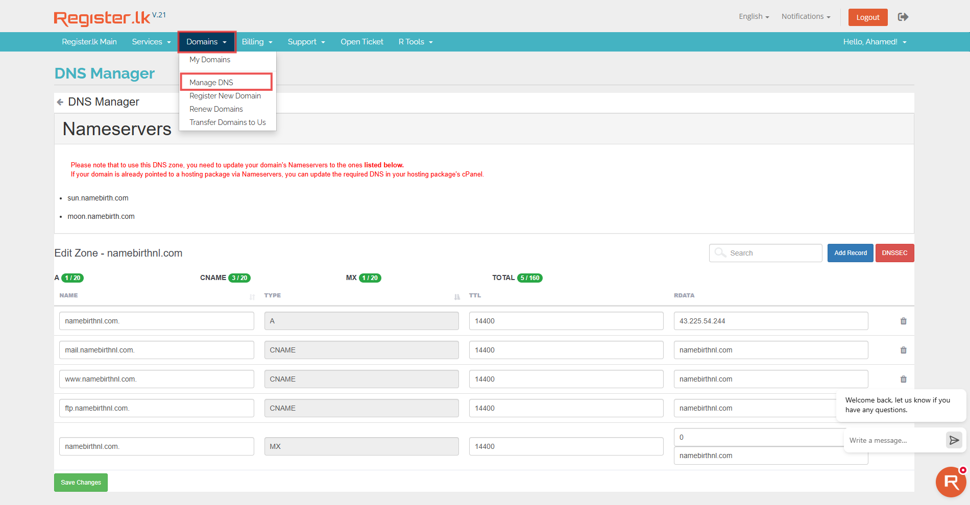 Screenshot of Register.lk DNS Manager showing nameserver configuration (sun.namebirth.com, moon.namebirth.com) and DNS records management, including A, CNAME, and MX records.