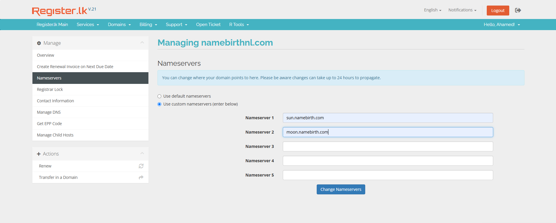 Screenshot of the Register.lk client area showing the domain management interface with custom nameservers sun.namebirth.com and moon.namebirth.com being configured.