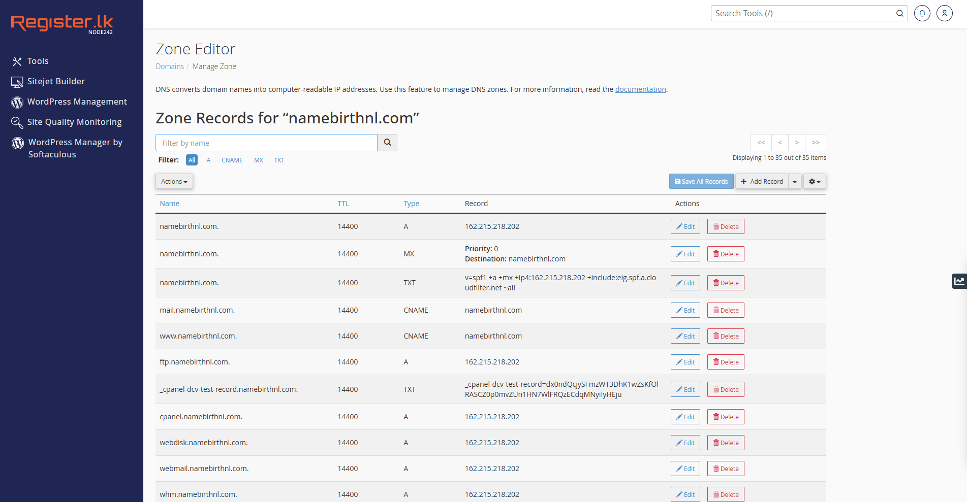Screenshot of cPanel Zone Editor displaying DNS records for namebirthnl.com, including A, MX, TXT, and CNAME records with options to edit or delete entries.