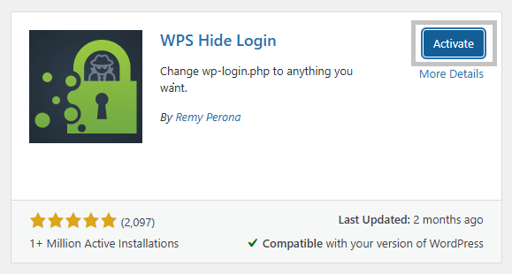 WPS Hide Login plugin activated in the WordPress plugins dashboard.