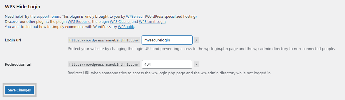 WPS Hide Login plugin installation screen in WordPress plugin directory.