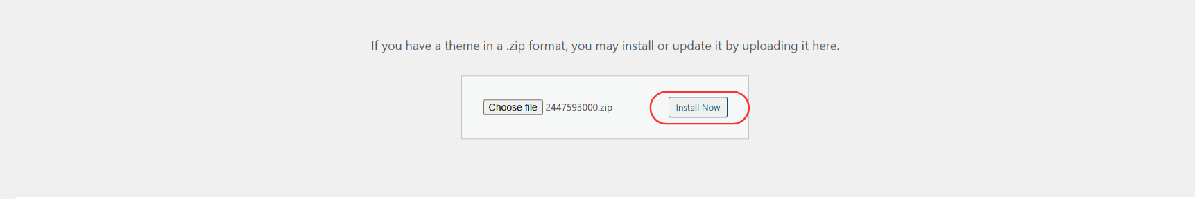 Install Now button after uploading WordPress theme