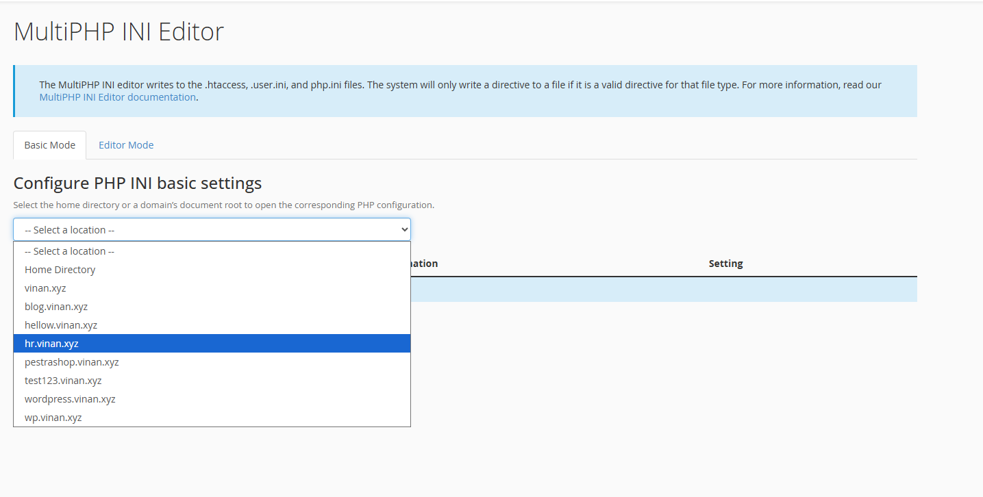 Domain selection in MultiPHP INI Editor