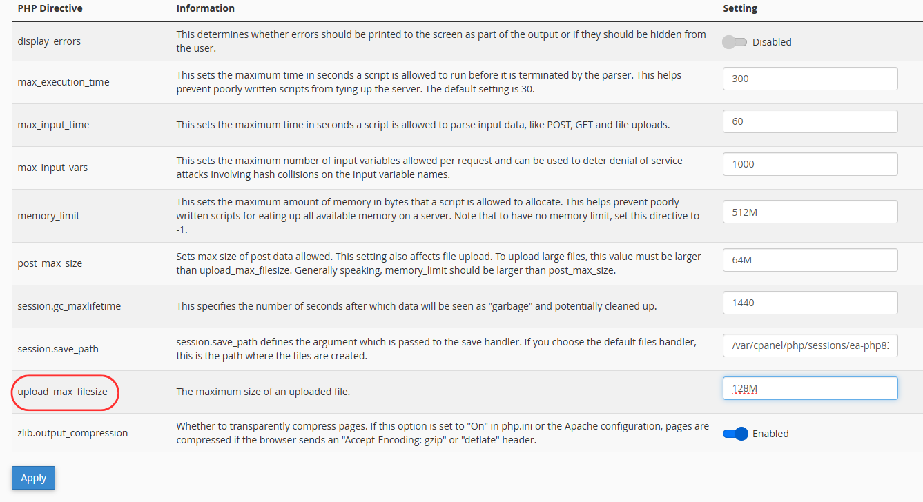 Adjusting upload_max_filesize in MultiPHP INI Editor
