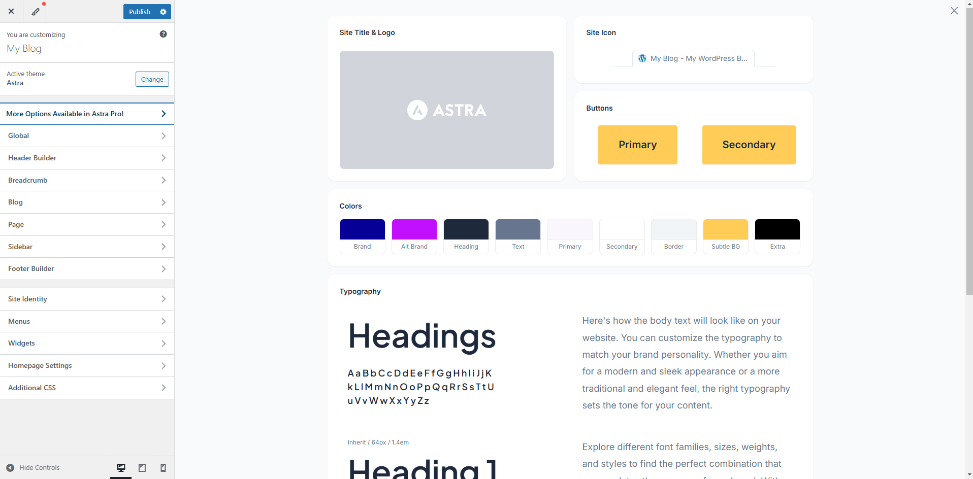 Astra Theme Customization Astra theme customization panel showing design options