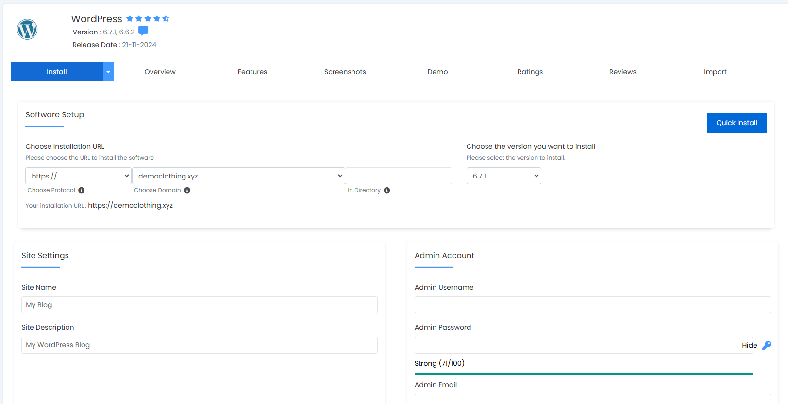 WordPress Installation Setup WordPress installation setup form showing domain, site name, and admin details