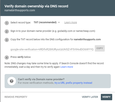 Google Search Console will provide you with a TXT record value. Copy this value; we'll need it in the next step.