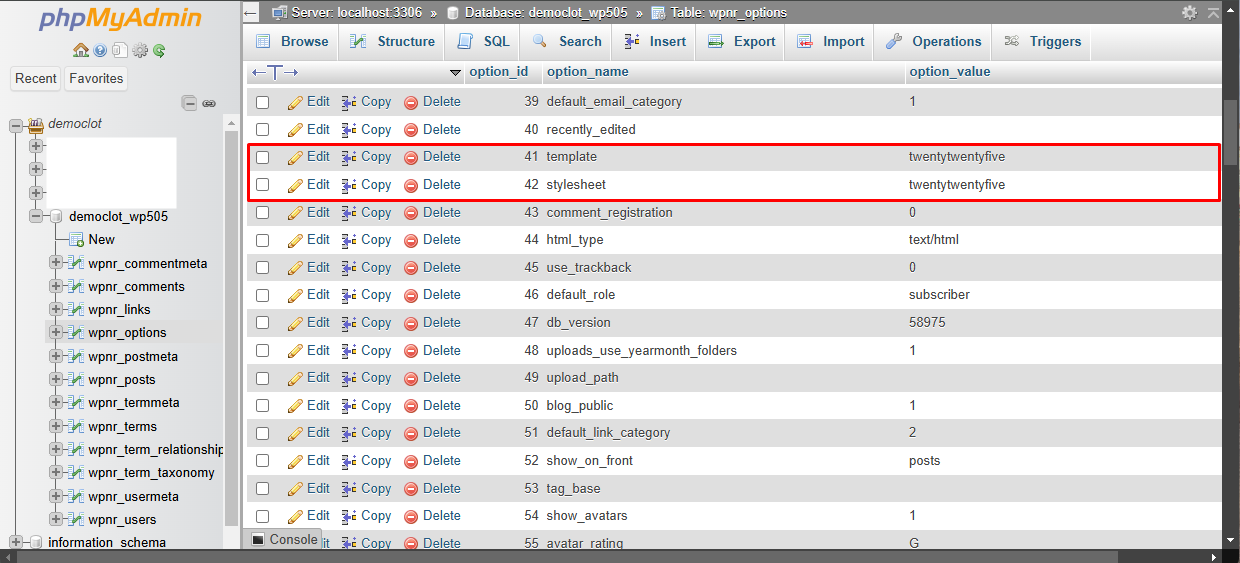 Updating Template and Stylesheet in phpMyAdmin