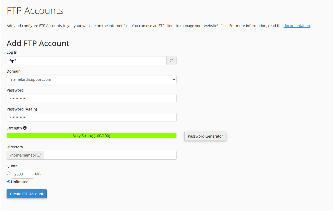 Add a new FTP account in cPanel