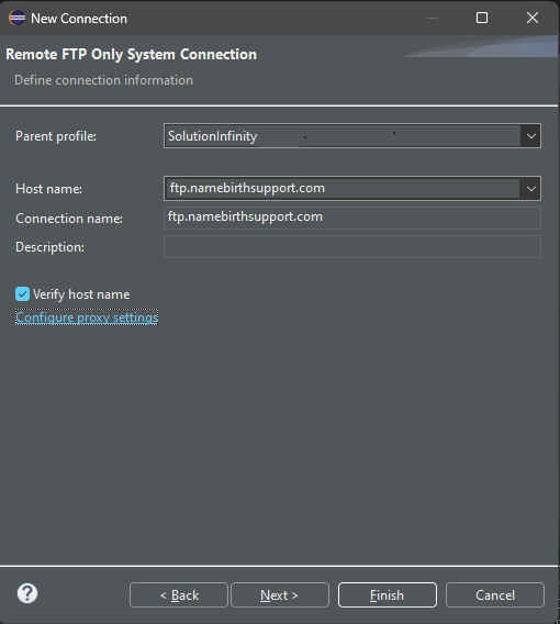 FTP new connection setup in Eclipse