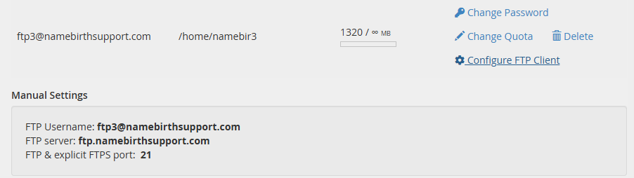 Manual FTP settings in cPanel