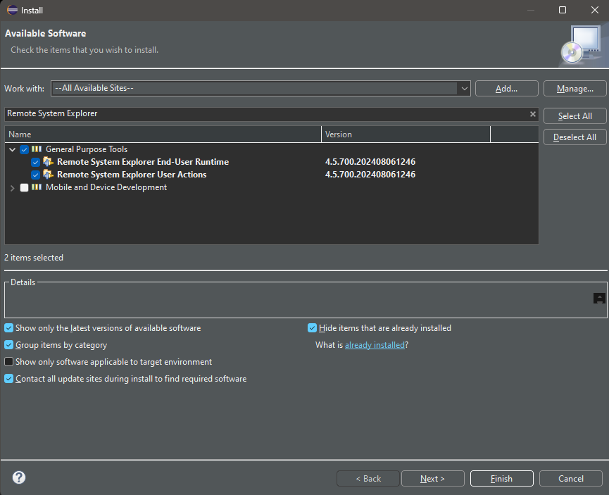Remote System Explorer plugin selection