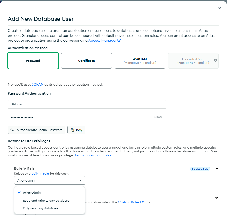Add New Database User in MongoDB Atlas Add New Database User screen in MongoDB Atlas showing authentication methods and user privileges