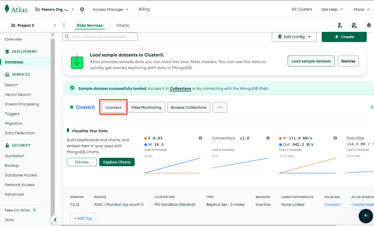 Connect to MongoDB Cluster in MongoDB Atlas Connect screen in MongoDB Atlas for connecting to a cluster