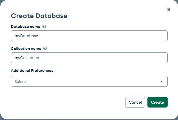 Create Database in MongoDB Atlas Create Database screen with fields for Database name, Collection name, and additional preferences in MongoDB Atlas