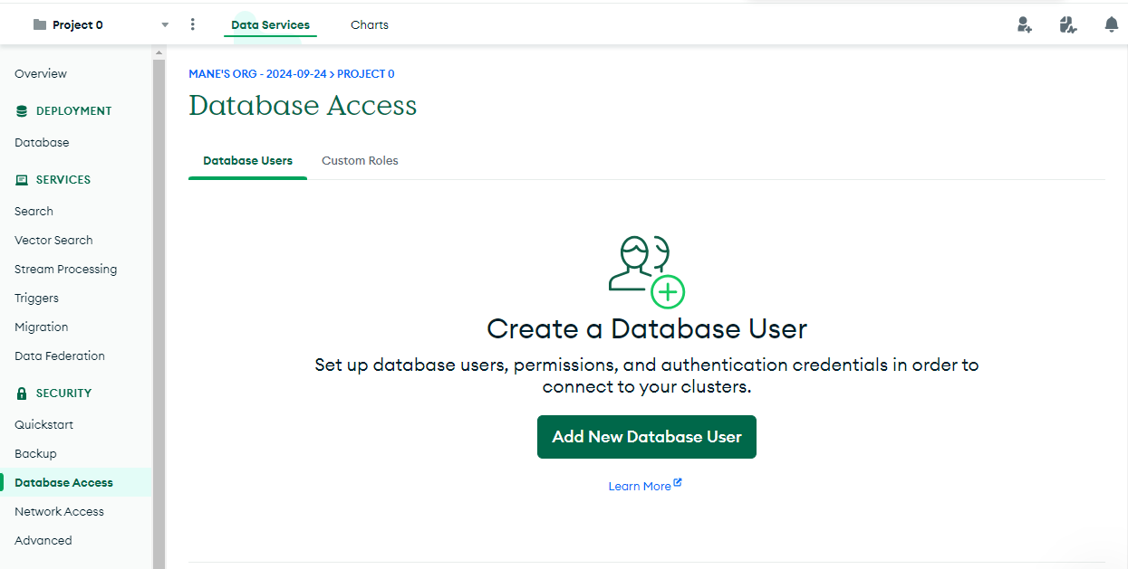Create a Database User in MongoDB Atlas Database Access screen in MongoDB Atlas with an option to add a new database user