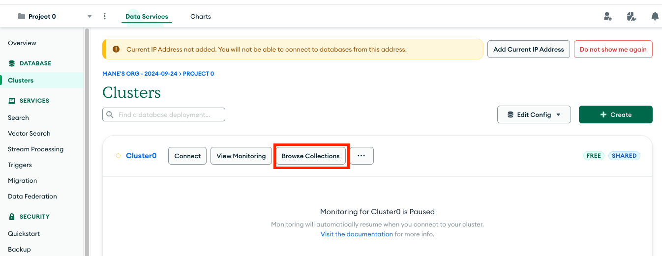 Click 'Browse Collections' in MongoDB Atlas to view your collections MongoDB Atlas Clusters screen with 'Browse Collections' highlighted