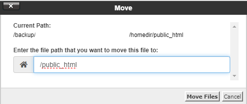 Check the path and click on Move Check the path that you want to move your files and click on the Move button (The path must be '/public_html')