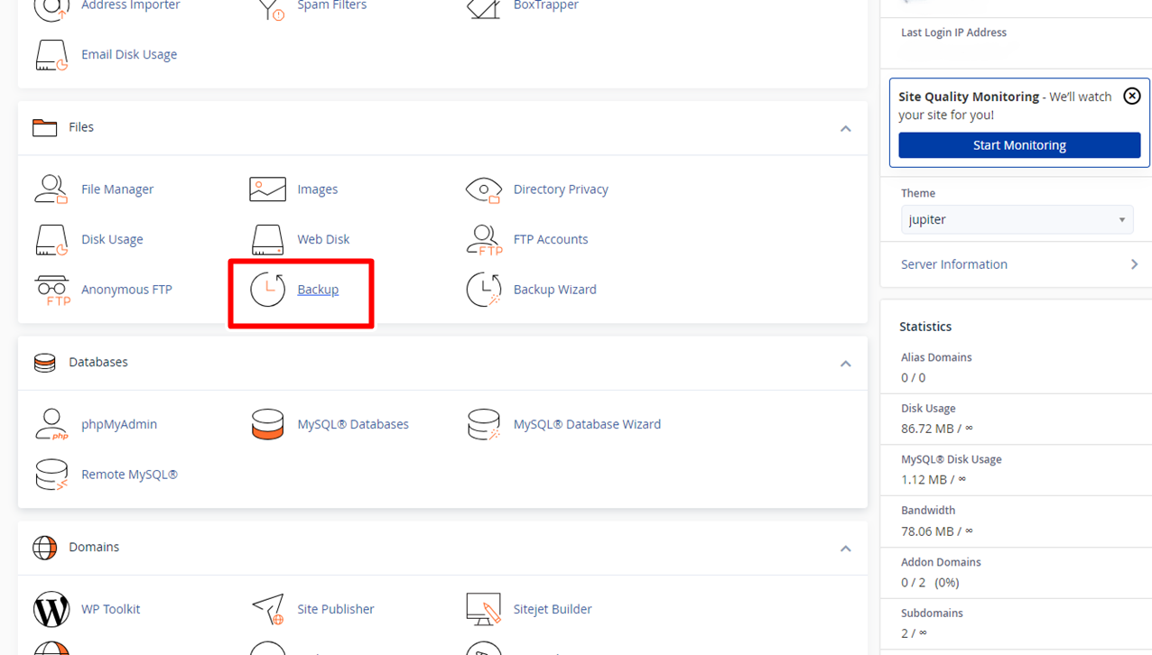 Find the Backup option in your cPanel Find the Backup option under the Files section in your cPanel