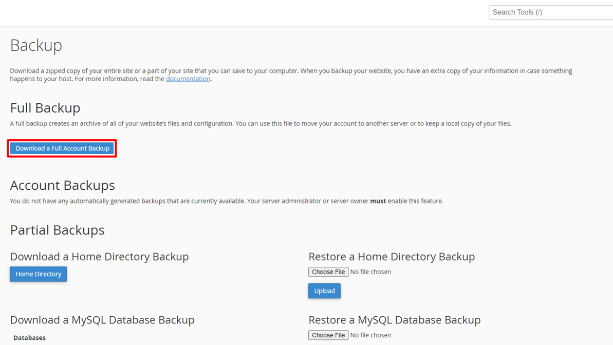 Download a Full Backup Download a Full Backup by clicking on the option Download a Full Backup