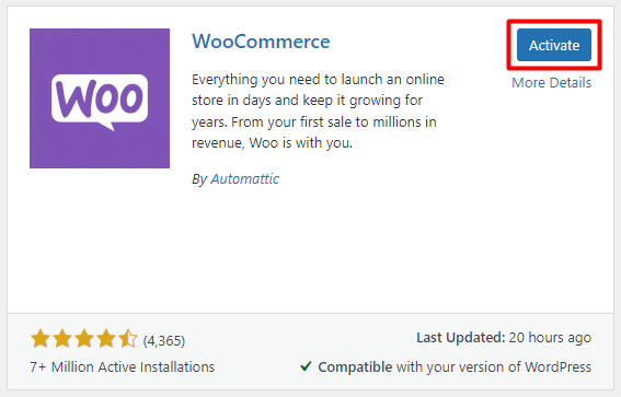 Screenshot of the WooCommerce plugin activation process in WordPress