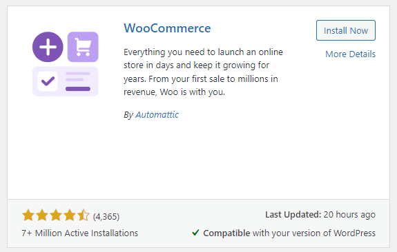 Screenshot of the WordPress Plugins page with WooCommerce plugin search