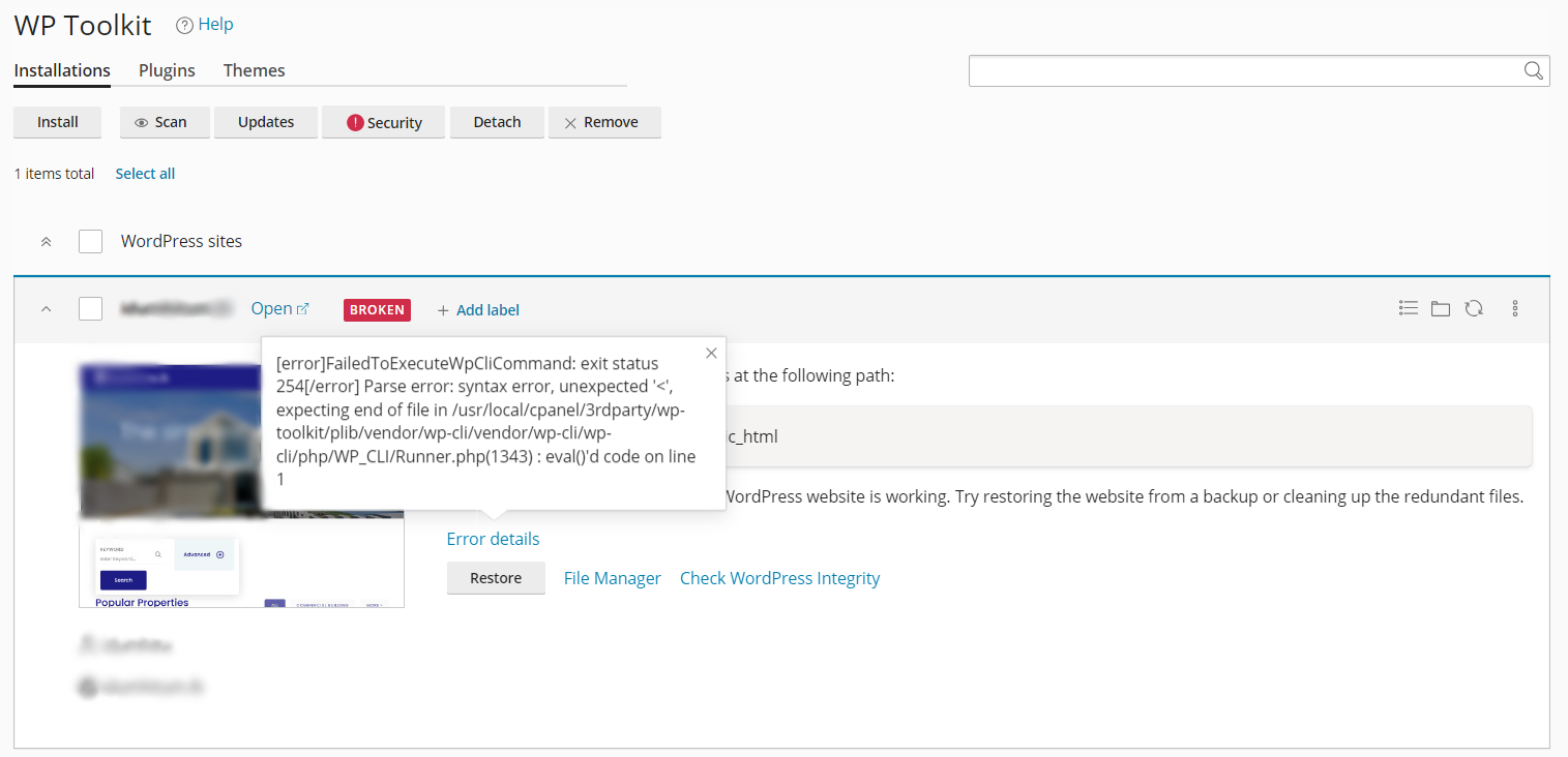WP Toolkit Warning WP Toolkit Warning